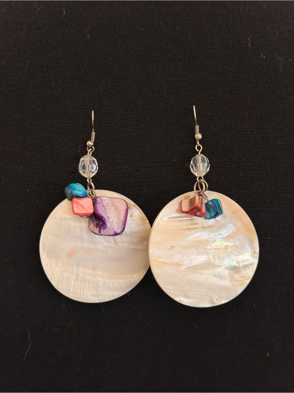 Mother-of-Pearl Disc Drop Earrings with Multicolor Accent Beads